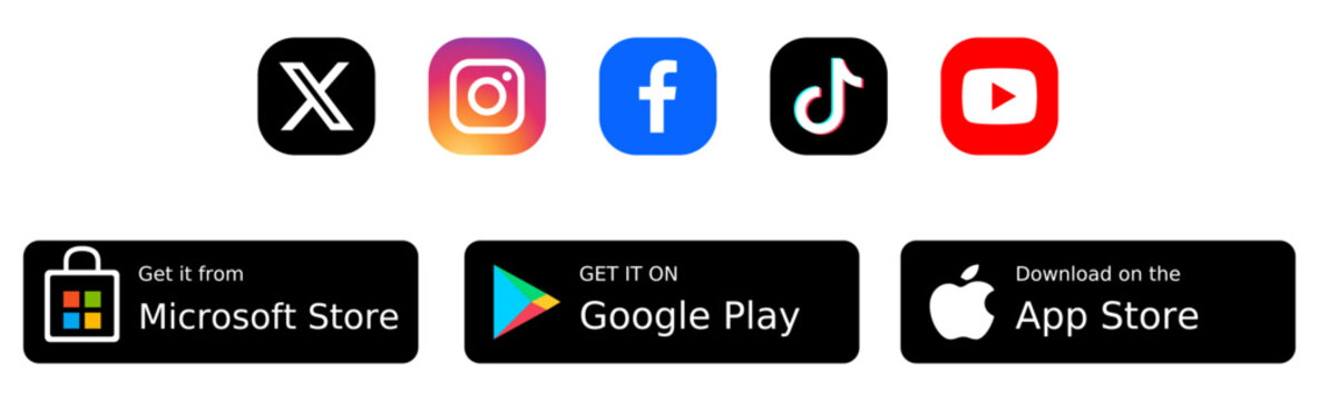 Social media platform logo icon set with Instagram X Facebook TikTok YouTube symbols plus Google Play App Store and Microsoft Store download buttons, editorial vector illustration
