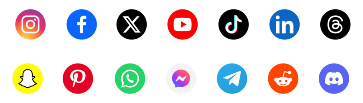 Social network circle icons 2026 with Instagram Facebook YouTube X WhatsApp LinkedIn TikTok Vimeo Viber Threads and Discord vector collection, editorial vector illustration