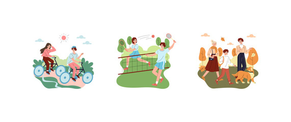 Naklejka premium Outdoor activities set with cycling badminton and dog walk
