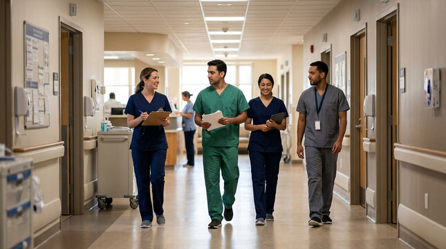 Diverse medical team walking through a brightly lit hospital corridor discussing patient care