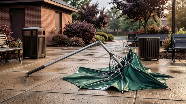 Broken green umbrella lying overturned on wet concrete pavement in public park outdoor space. Damaged metal ribs and bent shaft after stormy weather with park benches and brick building backdrop