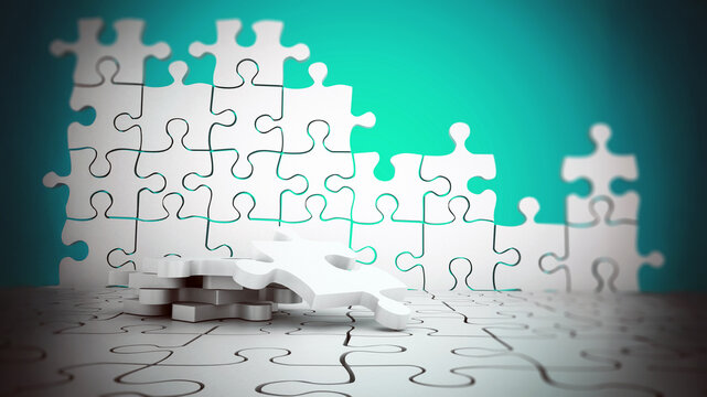 Puzzle wall with missing pieces on green background. 3D illustration