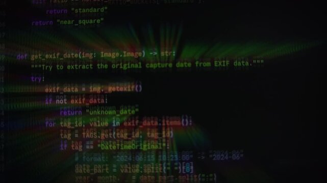Glowing cyber code lines text scrolling fast with bright green digital glitch. Hacker programming script virus attack loop with flashing signal damage overlay. Modern computer systems