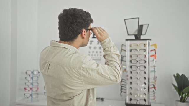 Man adjusts glasses while checking a snellen eye chart beside a rack of frames and a display of lenses in an optician shop building; concentration choice.