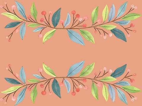 Floral illustration showcasing two horizontal garlands on a soft terracotta background. Each garland features slender branches with pastel-hued leaves in shades of blue and green, interspersed with sm