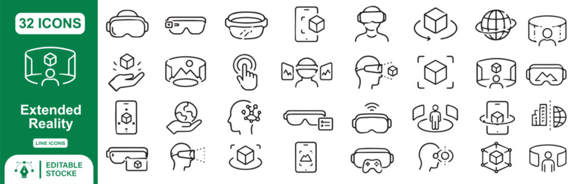 32 Extended Reality Vector Outline Icons Set &ndash; XR, Virtual Reality, Augmented Reality, Immersive Technology and Digital Experience Line Symbols Collection