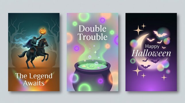 Set of three halloween greeting cards featuring a headless horseman a magic potion cauldron and a cute witch