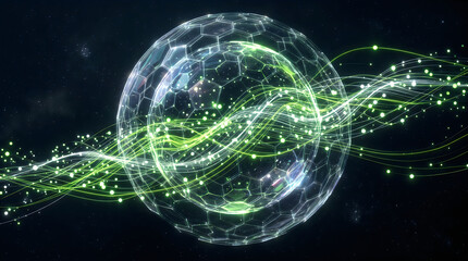 Fototapeta premium Abstract technology 3D graphic illustration of energy waves passing through a futuristic holographic sphere in space