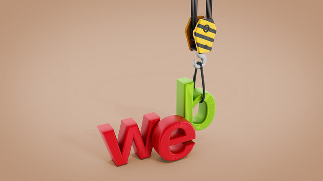 Crane carrying www letters representing website construction. 3D illustration