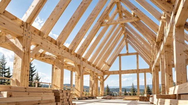 Heavy timber frame of a new house construction stands against a clear blue sky with pine trees in the background.