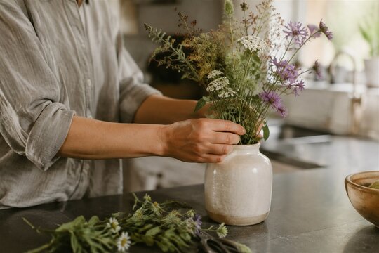Hands arranging fresh wildflowers in a ceramic vase