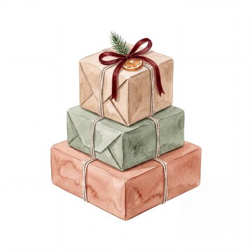 Watercolor stack of Christmas gift boxes wrapped in craft paper with ribbon bow