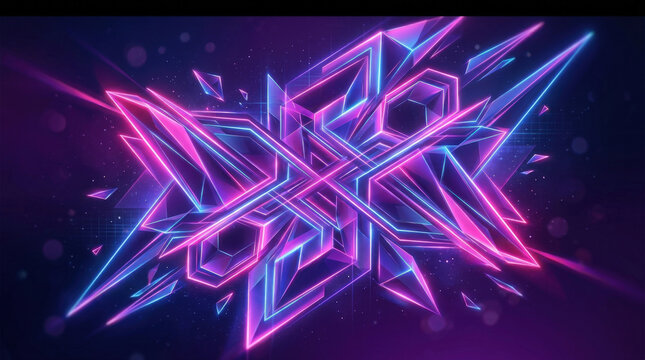 Abstract geometric crystal structure with vibrant pink and blue neon lights on dark background for futuristic design concept.