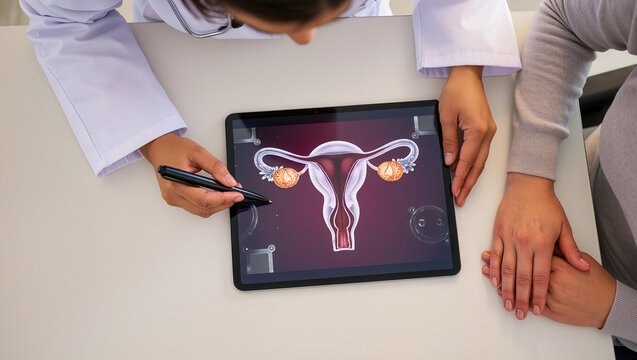 Doctor explains uterus and ovaries on tablet during IVF reproductive medicine and female fertility consultation at visit