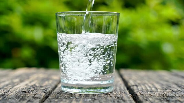 Fresh water pouring into glass on wooden table.