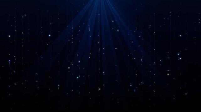 Blue Light Rays and Glowing Particles on Dark Background