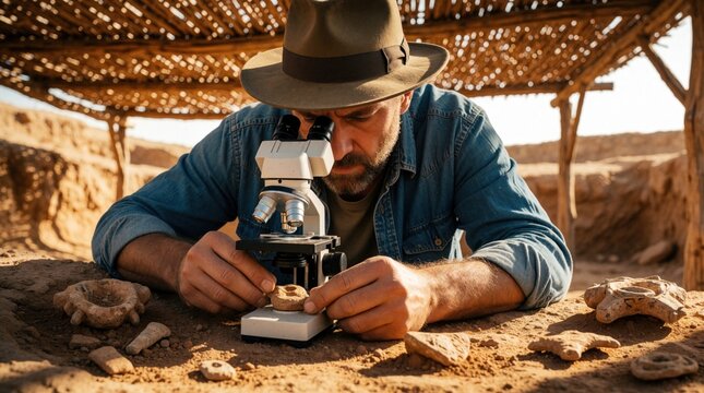 Archaeologist examines ancient artifact with microscope at excavation site. Man studies pottery shards and bones discovered in desert dig. Researching old civilization
