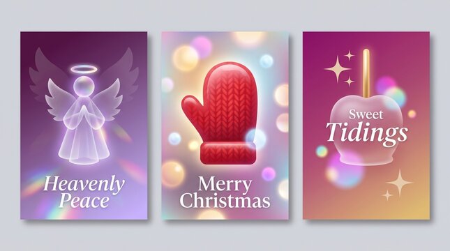 Set of three colorful christmas greeting cards with angel winter mitten and perfume bottle festive designs