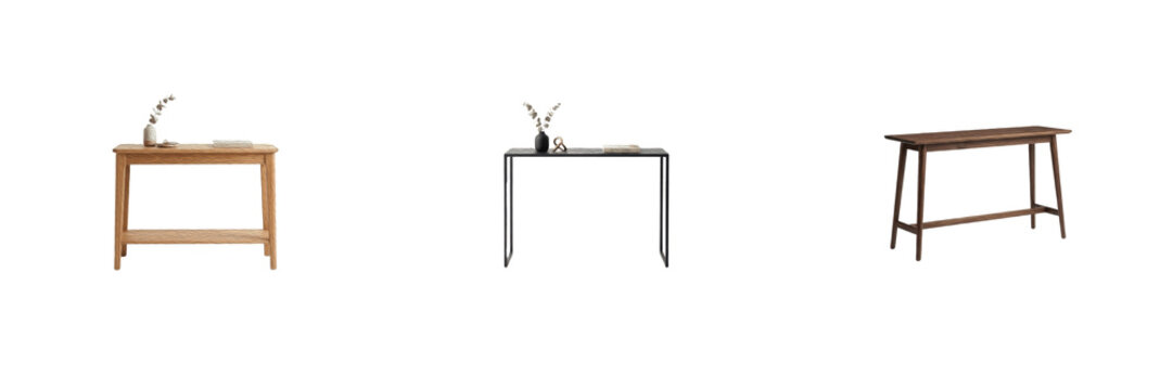 Modern Console Tables Set with Sleek Surfaces Isolated on Transparent Background, Light Wood, Black Metal, and Dark Walnut Entryway Tables for Interior Design Mockup and Hallway Furniture PNG