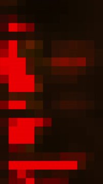 Vertical video background with blinking red pixel squares on black screen. Retro gaming aesthetic block matrix texture loop with 8bit bitmap gradient glitch overlay. Abstract colorful