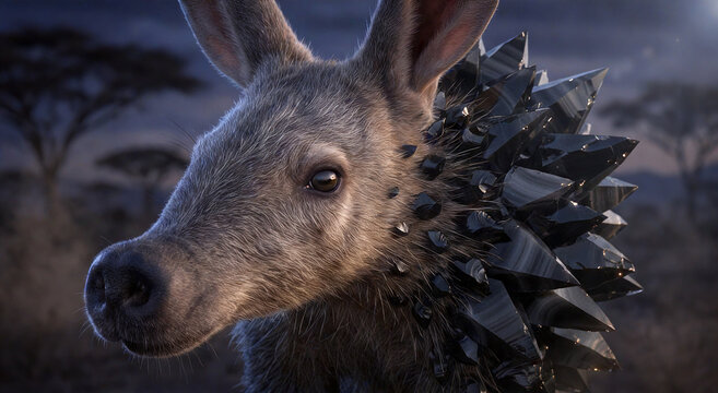 Majestic aardvark adorned with sharp black obsidian crystals, fantasy creature isolated on transparent background for high-end graphic art.