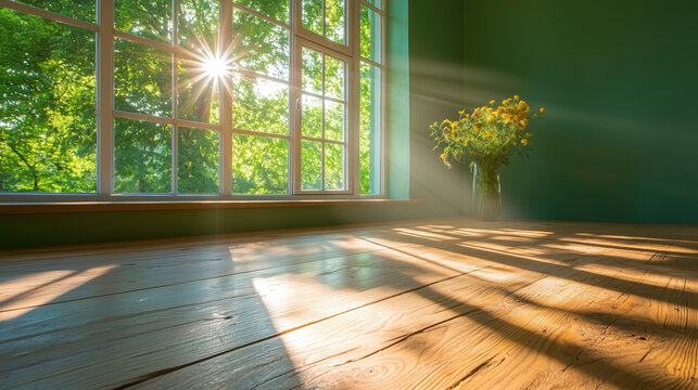 Bright sunlight streaming through large window onto wooden floor in green room.