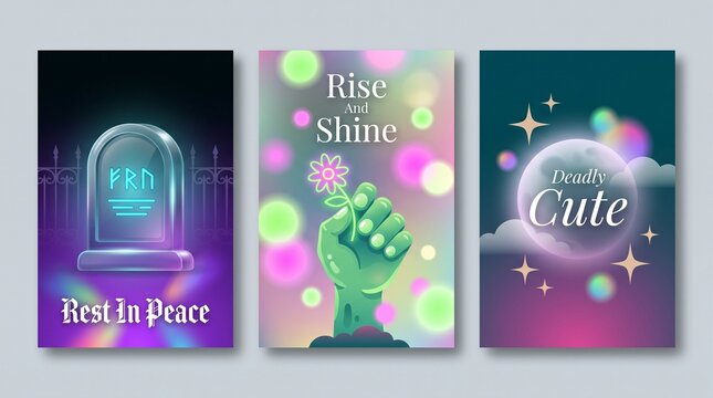 Set of three colorful posters with tombstone and hand holding flower and cute circle design for wall decor