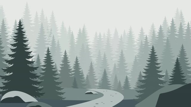 Animated Misty Pine Forest with Wind Blown Evergreen Trees, Moving Fog and Atmospheric Parallax, Cinematic Woodland Nature Background, Moody Mountain Landscape and Serene Wilderness