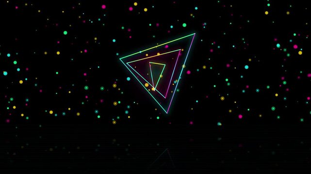 Neon triangle tunnel motion background, with floating colorful, particles and glow, effects abstract