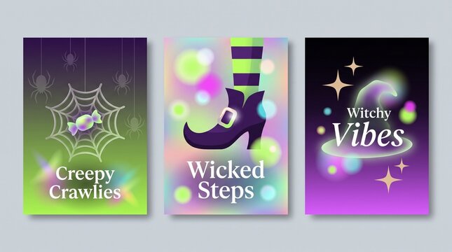 Set of three colorful halloween posters featuring a spider web candy a witch boot and a magical witch hat
