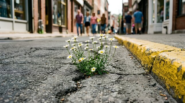 Low-angle close-up of small white daisies growing through a cracked asphalt urban street with blurred pedestrians, weathered yellow curb, and old brick storefronts in background, resilience