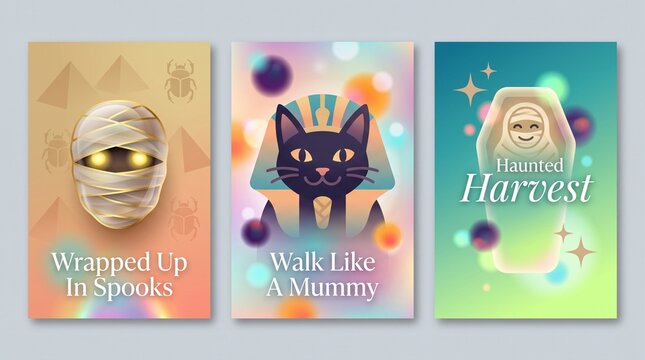 Set of three colorful halloween posters featuring a mummy a black cat and a cute ghost for festive holiday decor