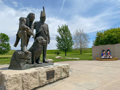 Sioux City, Iowa: Sioux City Lewis and Clark Interpretive Center. Lewis and Clark Expedition and Corp of Discovery explored the Missouri River. Statue of explorers and dog Seaman.