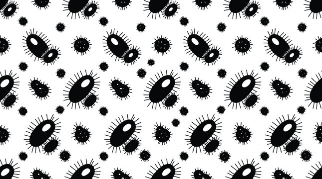 Seamless pattern of microscopic bacteria or virus cells in black and white