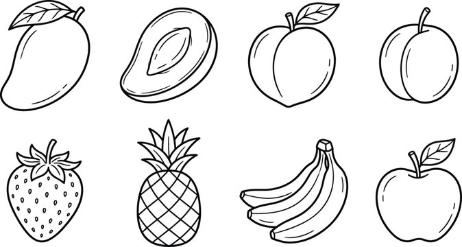 Collection of hand drawn fruit outlines including mango, avocado, peach, plum, strawberry, pineapple, banana, and apple on a white background