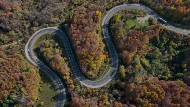 aerial view of inegol domanic road with beautiful autumn colors of nature, Kutahya, Turkey