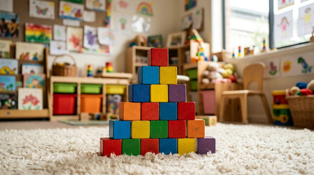Colorful wooden building blocks stacked as a pyramid in a bright vibrant kindergarten classroom