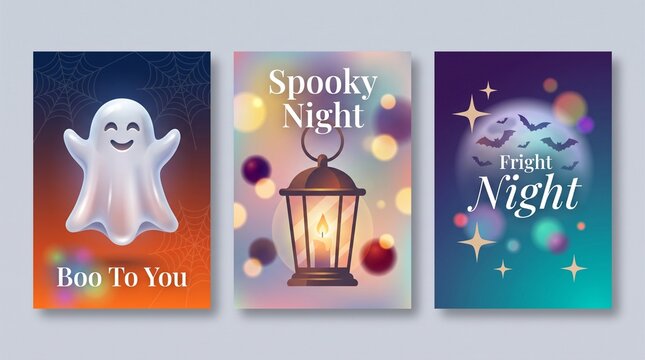 Three colorful halloween cards with a cute ghost a glowing lantern and a spooky night theme with text labels