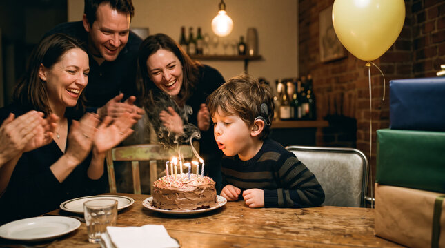 Family celebrating birthday party with deaf child blowing candles