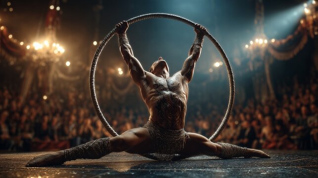 Acrobatic performer balancing a large wheel on a theatrical stage, demonstrating incredible strength and flexibility during a cirque performance for an audience