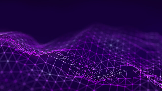 Abstract purple digital landscape made of connected dots and lines forming a glowing polygonal wave on a dark background. Futuristic technology backdrop suitable for data flow, communication, network 