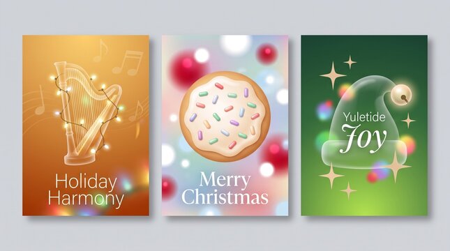 Set of three festive christmas greeting card designs with harp cookie and elf hat illustrations and text