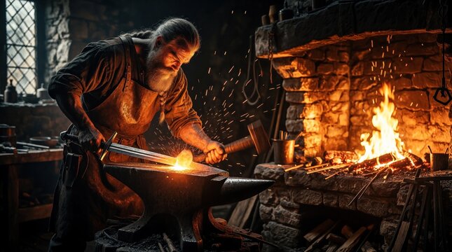 Experienced blacksmith works in old smithy. Bearded craftsman uses heavy hammer to forge steel sword on metal anvil. Bright fire sparks fly from glowing hot blade near stone furnace. Traditional
