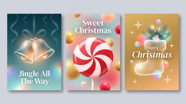 Set of three colorful christmas greeting cards with holiday candy and festive decorations in a flat design style