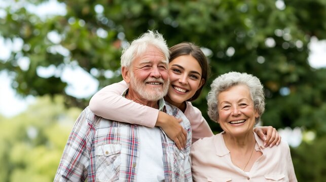 Granddaughter embracing grandparents, smiling and enjoying togetherness outdoors, representing family love, aging with joy, and intergenerational bonding