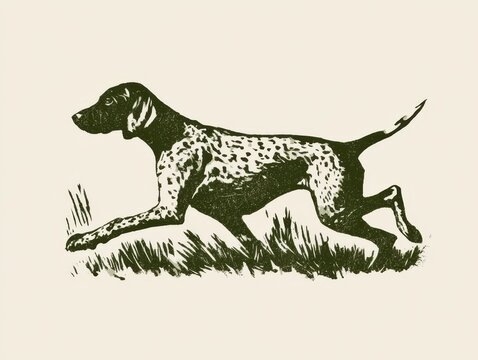German shorthaired pointer dog running through grass in linocut woodcut style