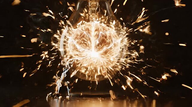 Human brain glowing inside glass lightbulb with sparks.