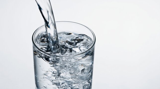 Water pouring into a clear glass, creating splashes and bubbles, depicting refreshment, purity, and healthy hydration on a clean white background
