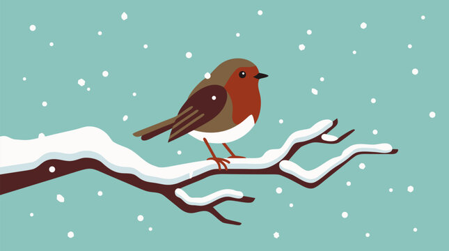 Cute European robin with vibrant red breast perched on snow covered tree branch during gentle winter snowfall, flat vector illustration in minimalist style with burgundy, brown and teal colors