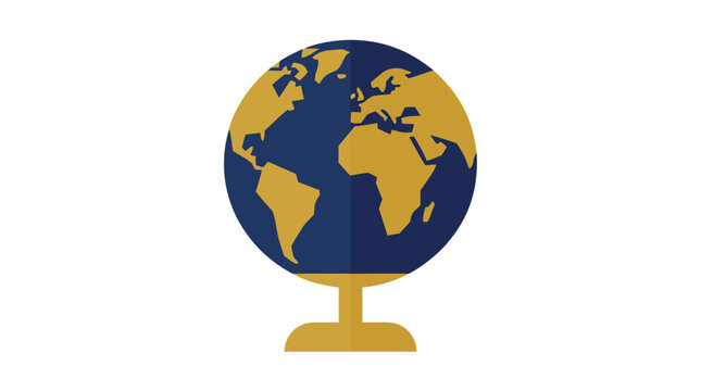 Flat geometric globe on rounded pedestal stand, navy blue and gold world map illustration, clean minimalist vector design on solid background - professional high detailed commercial stock imagery